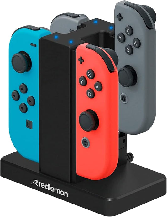 Redlemon Cargador para Controles Joy-con de Nintendo Switch y Modelo OLED (4 Controles), con Indicadores LED, Rieles con Superficie de Carga, Práctico, Cable de Alimentación USB, Fácil de Utilizar