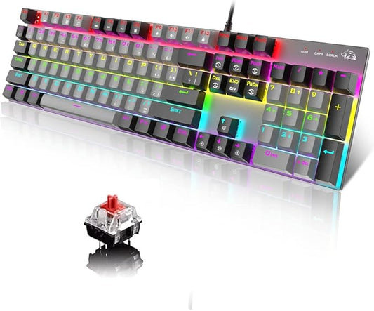 FREE WOLF K1 Teclado Mecánico Gamer con ñ, 104 Teclas Disposición Española Teclado para Juegos, 100% Anti-Ghosting, 20 Efectos Retroiluminaciones RGB, Panel Impermeable de Metal con Cable (Negro Gris)