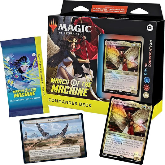 Magic The Gathering March of The Machine Commander Deck - Convocación Divina (mazo de 100 Cartas, 10 Tarjetas planechase, Paquete de Muestra de Refuerzo de coleccionista + Accesorios)