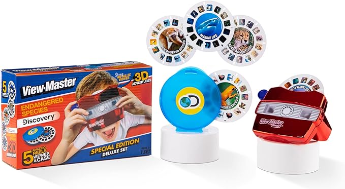 Classic View Master Deluxe Edition con Carretes Discovery Kids (Visor Metálico Rojo, Estuche de Almacenamiento y 5 Carretes Incluidos) - Exclusivo de Amazon