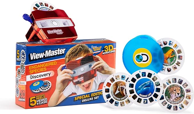 Classic View Master Deluxe Edition con Carretes Discovery Kids (Visor Metálico Rojo, Estuche de Almacenamiento y 5 Carretes Incluidos) - Exclusivo de Amazon